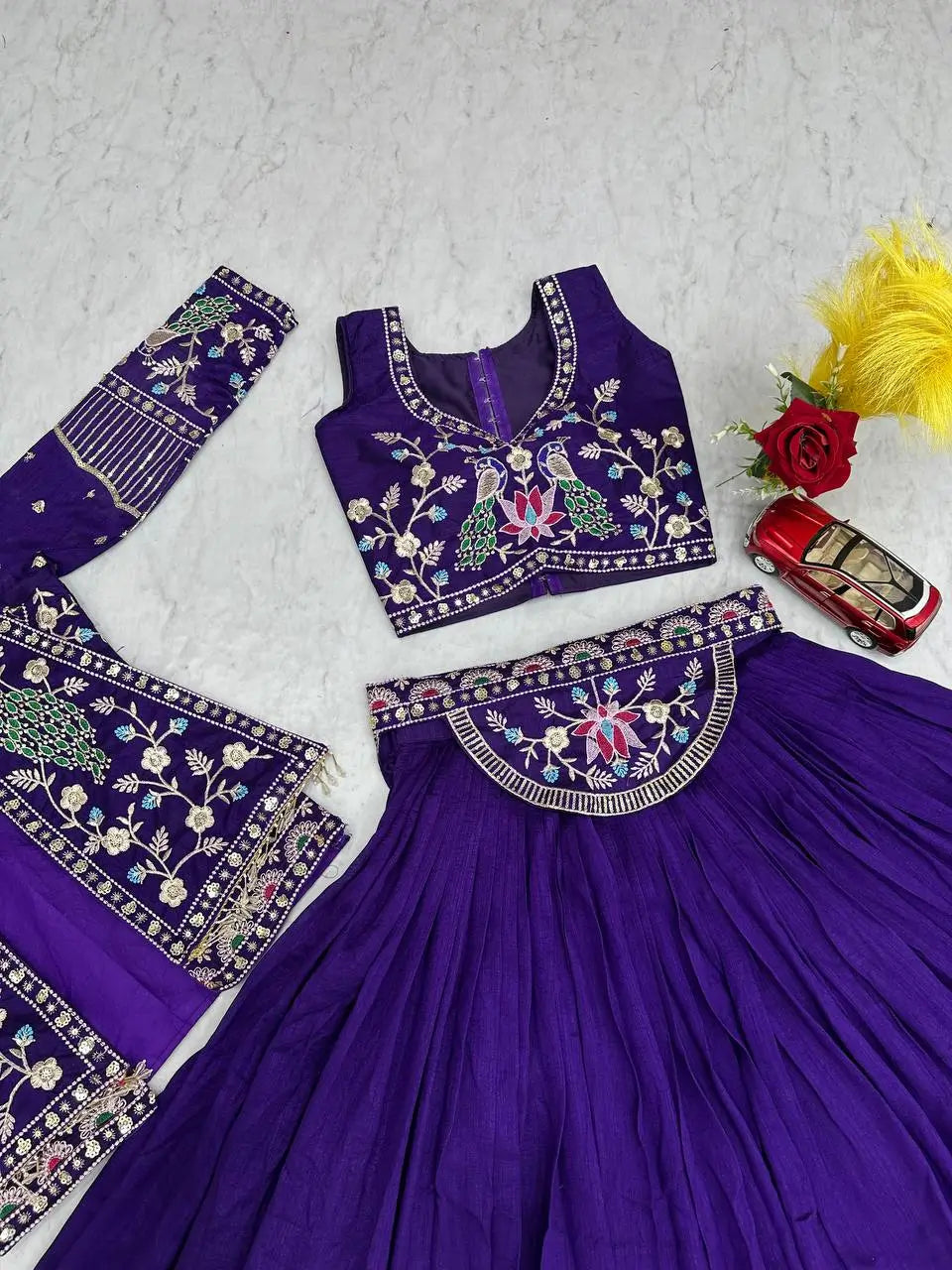 Vichitra Silk Embroidered Crop Top Lehenga with Jacket, Belt & Can Can – Festive Wedding Party Wear