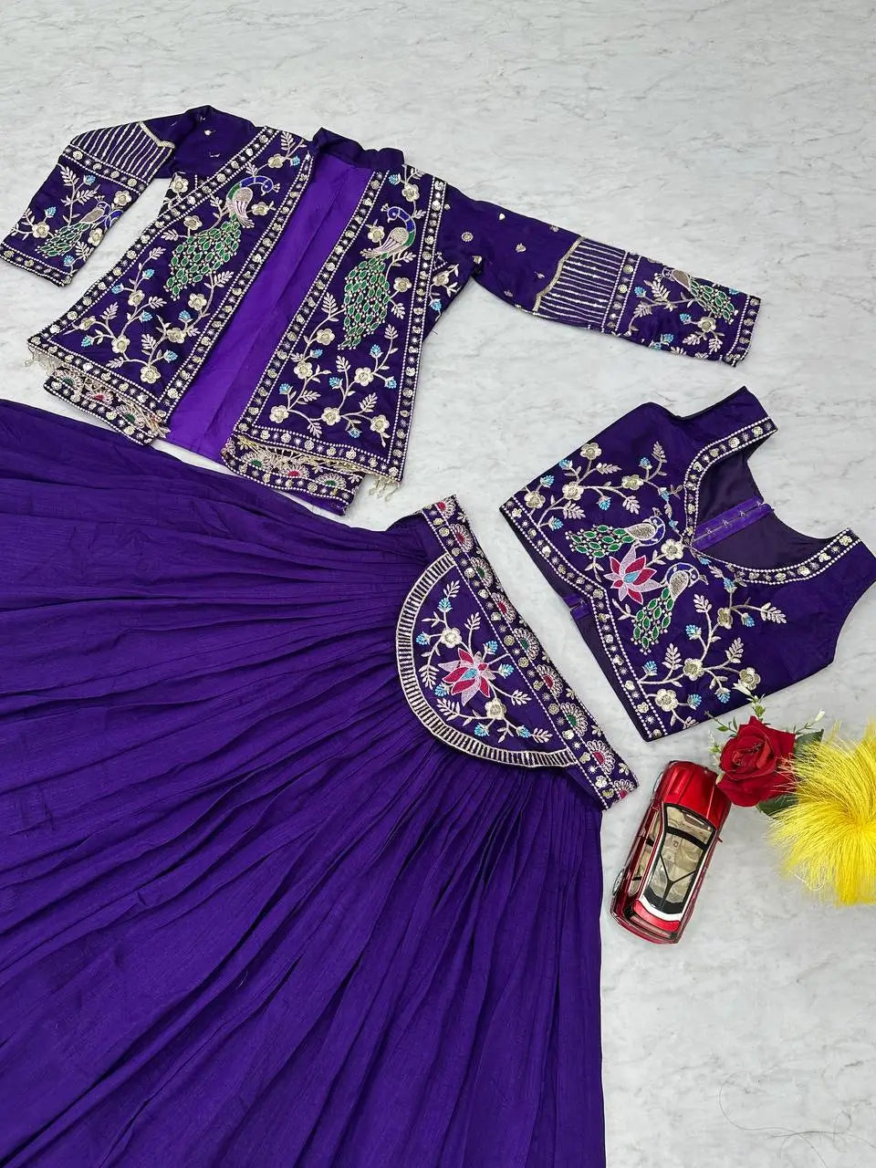 Vichitra Silk Embroidered Crop Top Lehenga with Jacket, Belt & Can Can – Festive Wedding Party Wear