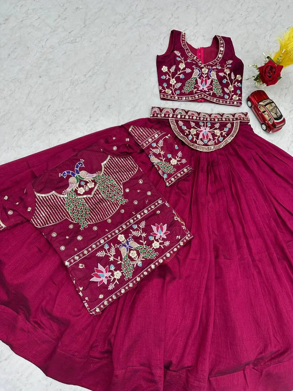 Vichitra Silk Embroidered Crop Top Lehenga with Jacket, Belt & Can Can – Festive Wedding Party Wear