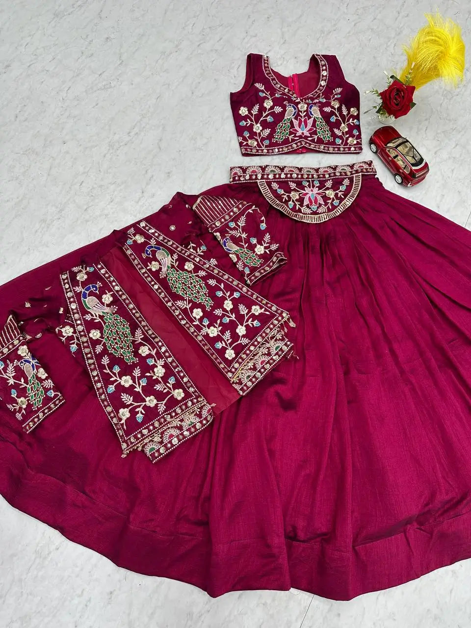 Vichitra Silk Embroidered Crop Top Lehenga with Jacket, Belt & Can Can – Festive Wedding Party Wear