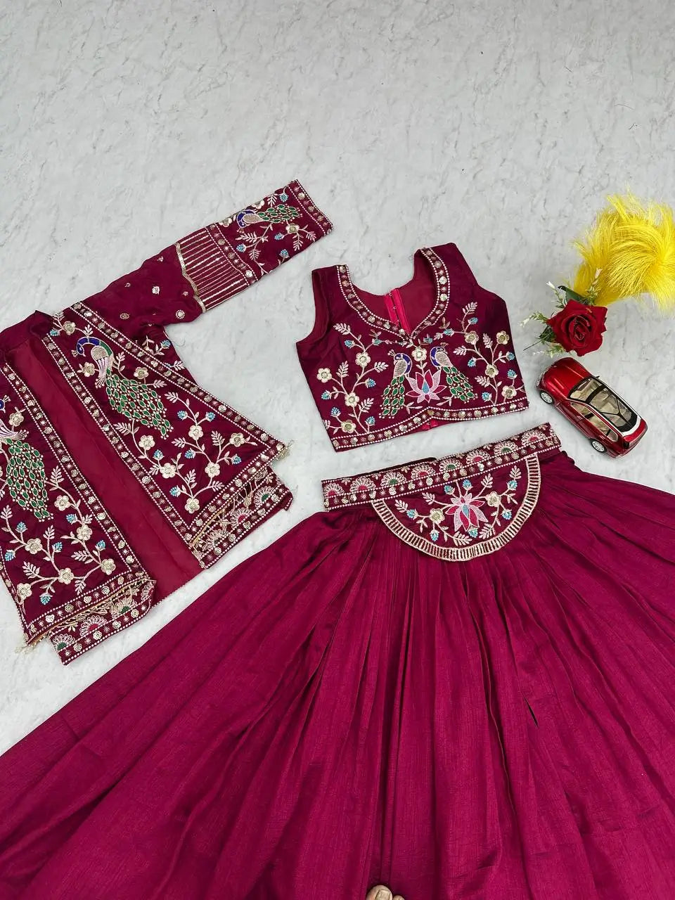 Vichitra Silk Embroidered Crop Top Lehenga with Jacket, Belt & Can Can – Festive Wedding Party Wear