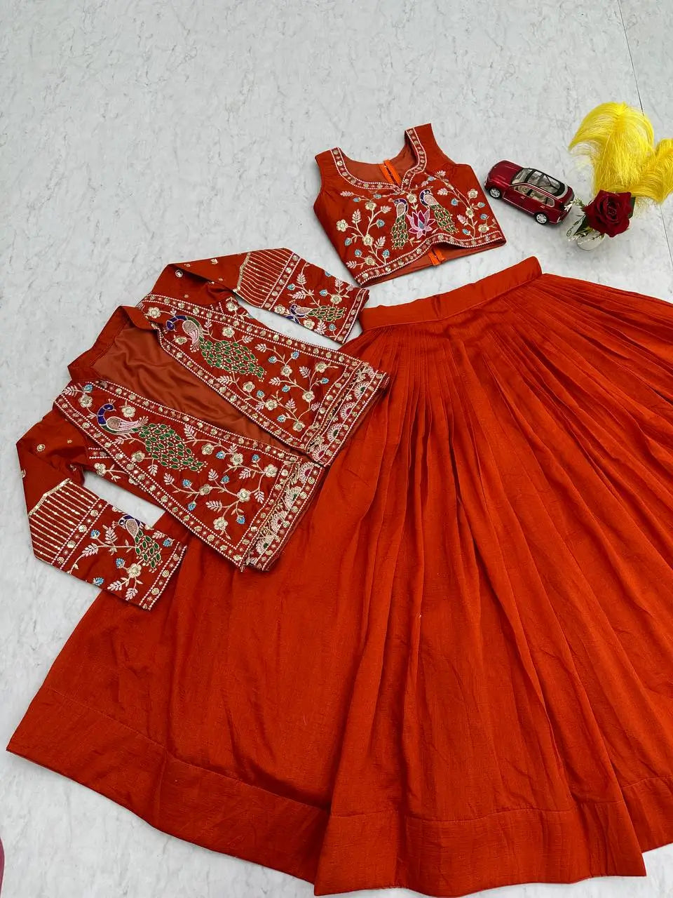 Vichitra Silk Embroidered Crop Top Lehenga with Jacket, Belt & Can Can – Festive Wedding Party Wear