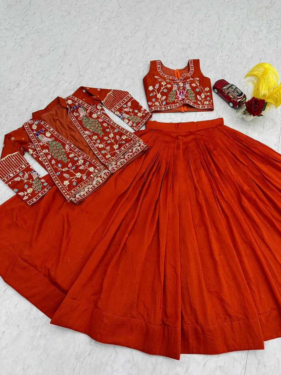 Vichitra Silk Embroidered Crop Top Lehenga with Jacket, Belt & Can Can – Festive Wedding Party Wear