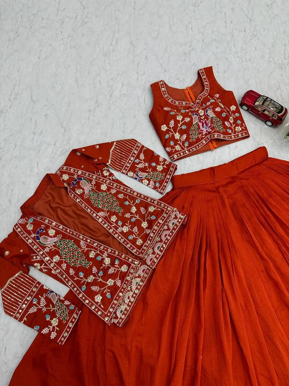 Vichitra Silk Embroidered Crop Top Lehenga with Jacket, Belt & Can Can – Festive Wedding Party Wear