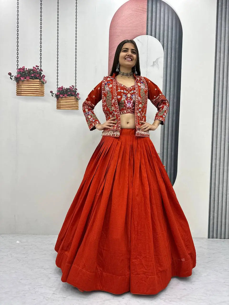 Vichitra Silk Embroidered Crop Top Lehenga with Jacket, Belt & Can Can – Festive Wedding Party Wear