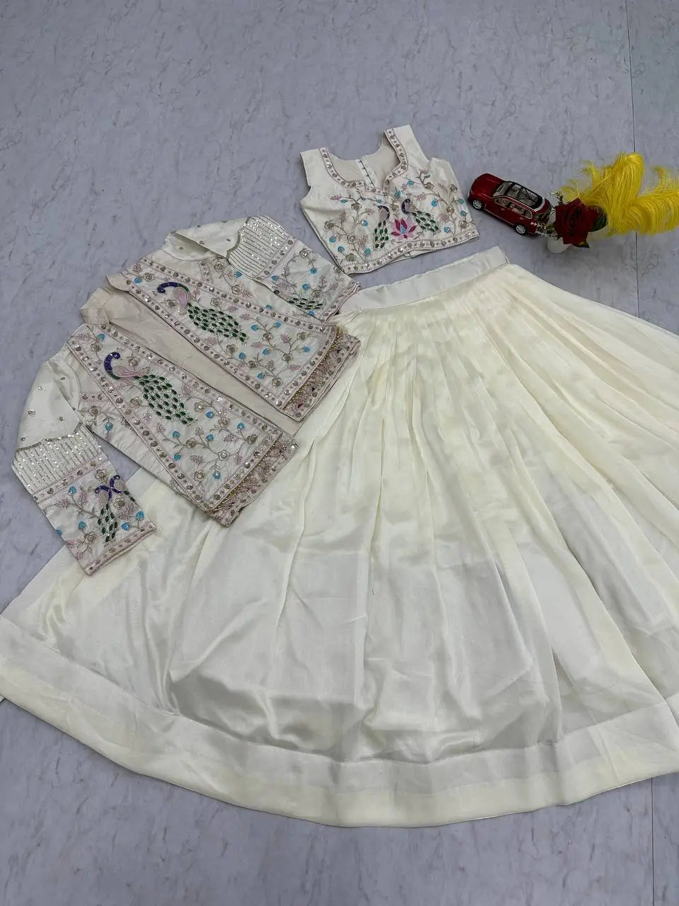 Vichitra Silk Embroidered Crop Top Lehenga with Jacket, Belt & Can Can – Festive Wedding Party Wear