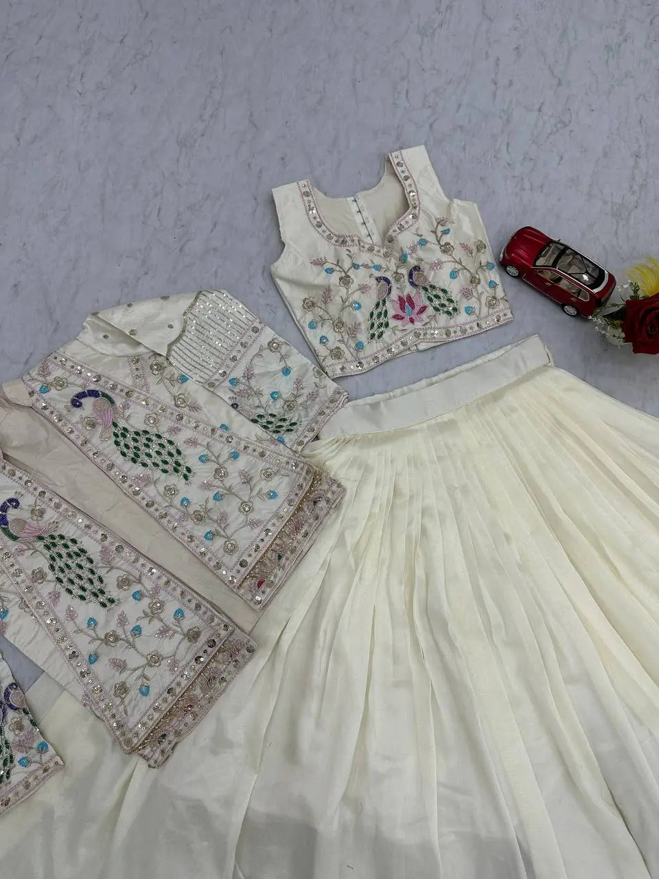 Vichitra Silk Embroidered Crop Top Lehenga with Jacket, Belt & Can Can – Festive Wedding Party Wear