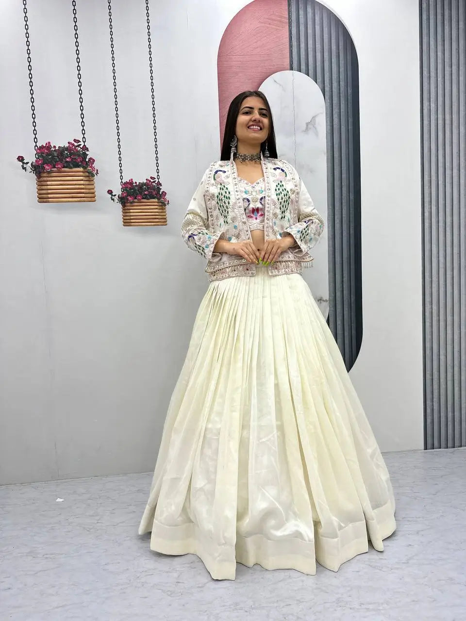 Vichitra Silk Embroidered Crop Top Lehenga with Jacket, Belt & Can Can – Festive Wedding Party Wear