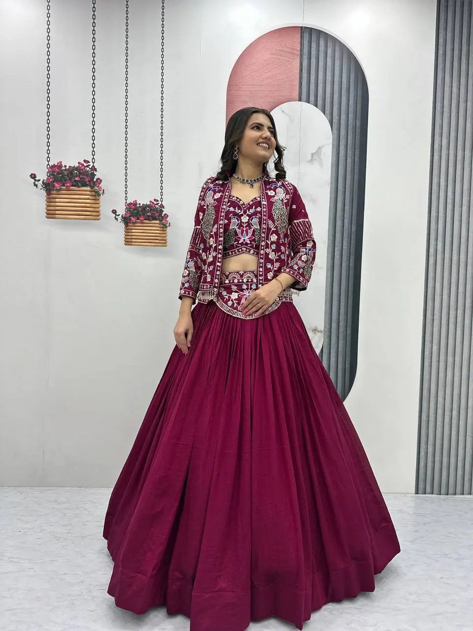 Vichitra Silk Embroidered Crop Top Lehenga with Jacket, Belt & Can Can – Festive Wedding Party Wear