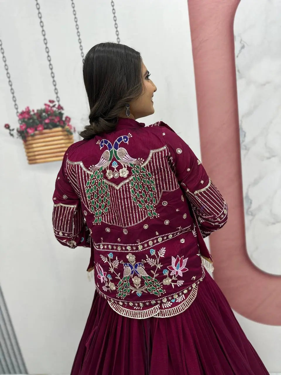 Vichitra Silk Embroidered Crop Top Lehenga with Jacket, Belt & Can Can – Festive Wedding Party Wear