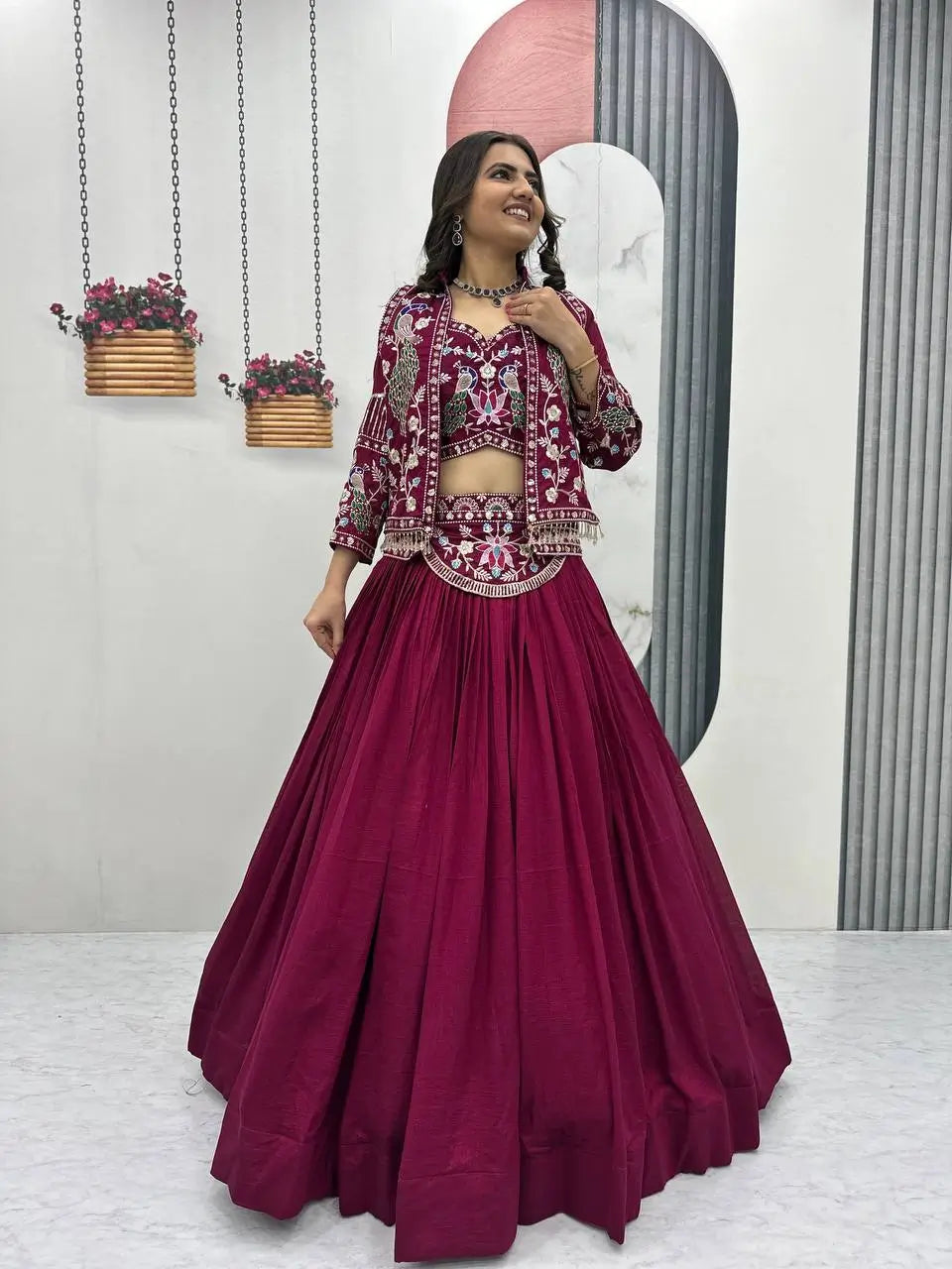 Vichitra Silk Embroidered Crop Top Lehenga with Jacket, Belt & Can Can – Festive Wedding Party Wear