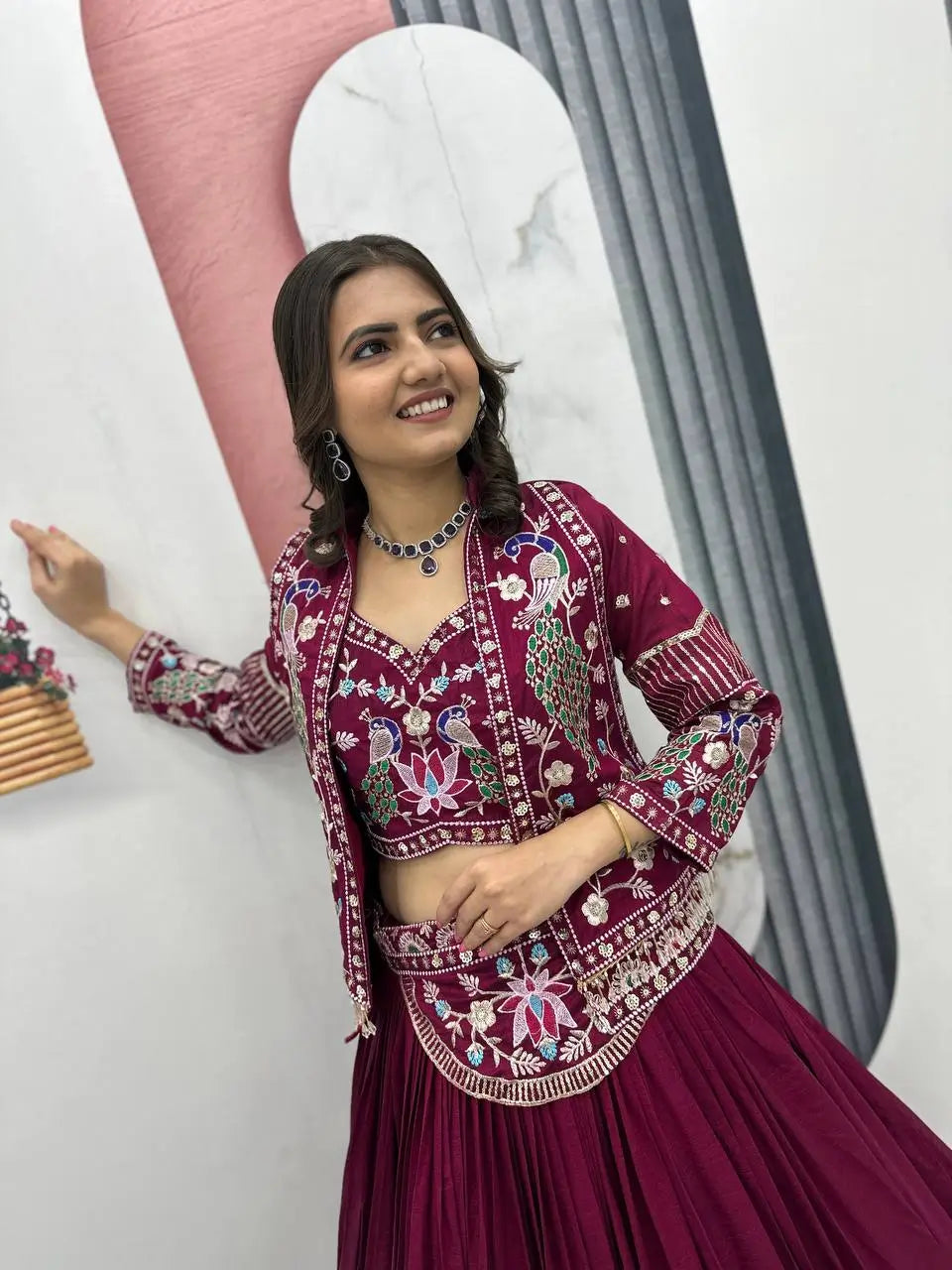 Vichitra Silk Embroidered Crop Top Lehenga with Jacket, Belt & Can Can – Festive Wedding Party Wear
