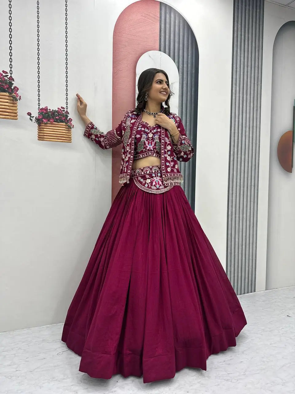 Vichitra Silk Embroidered Crop Top Lehenga with Jacket, Belt & Can Can – Festive Wedding Party Wear