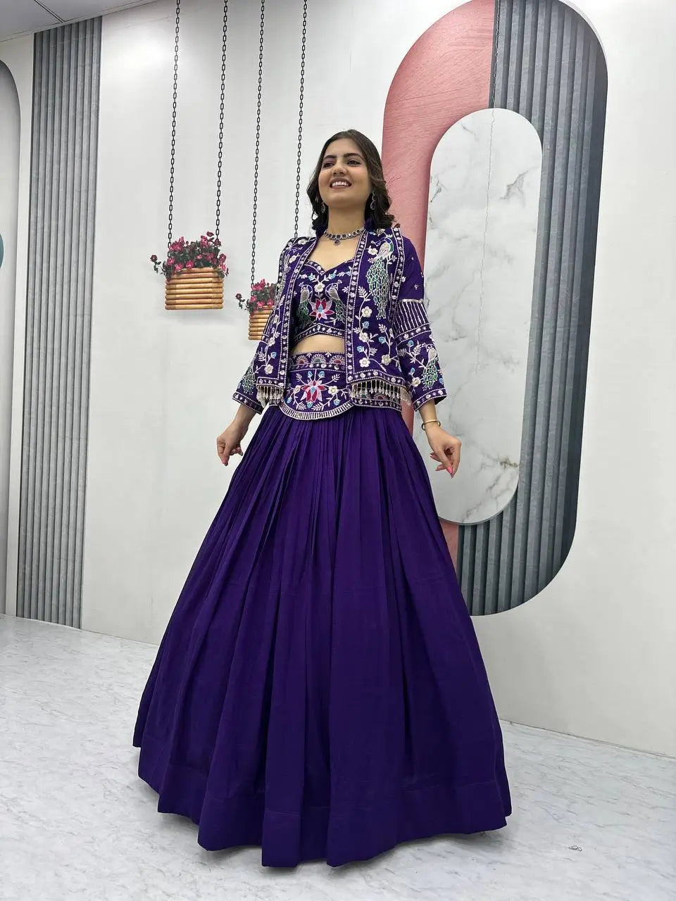 Vichitra Silk Embroidered Crop Top Lehenga with Jacket, Belt & Can Can – Festive Wedding Party Wear