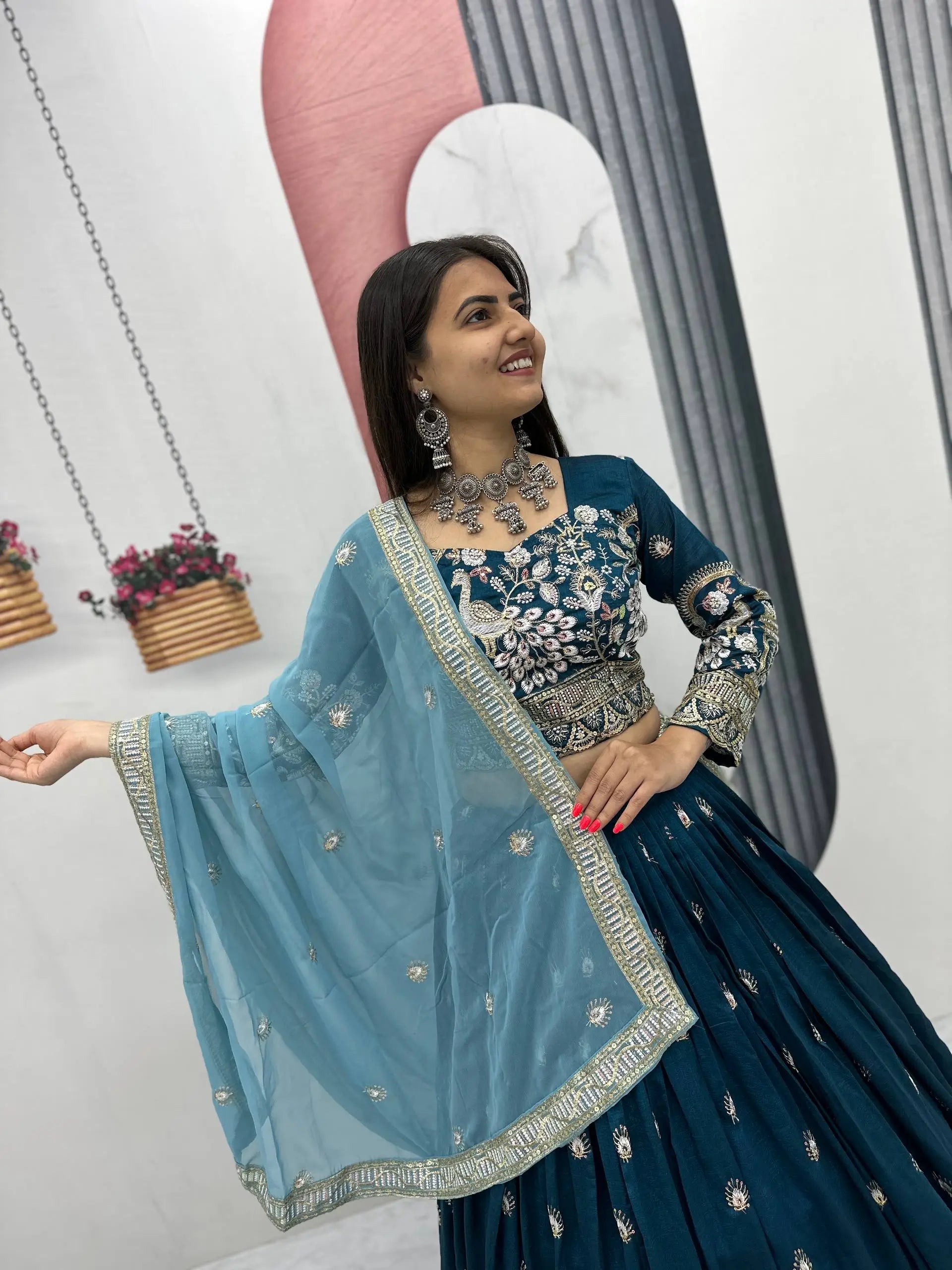 Vichitra Silk Embroidered Festival Lehenga Choli Set