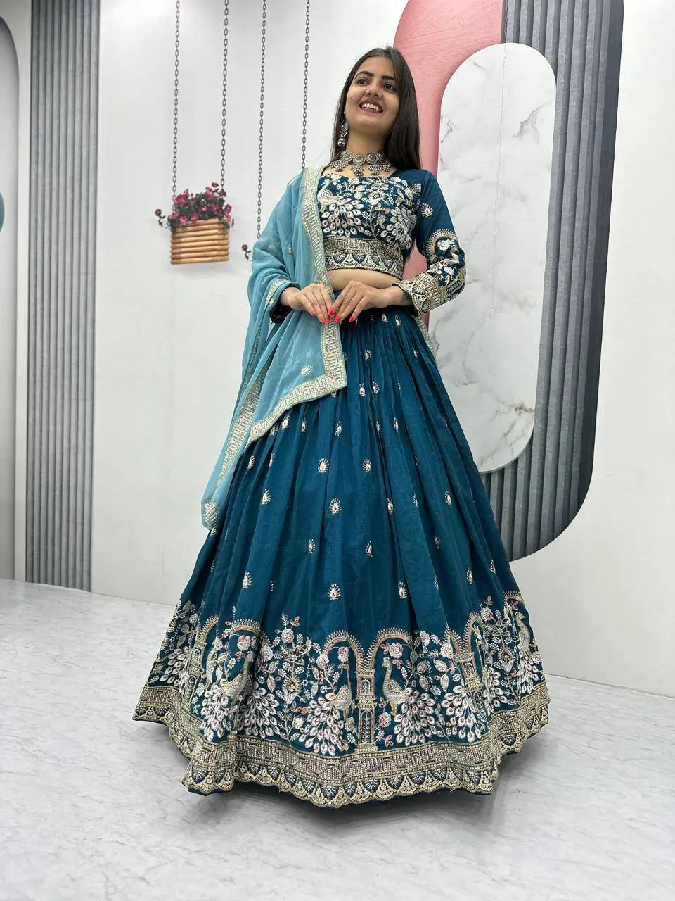 Vichitra Silk Embroidered Festival Lehenga Choli Set