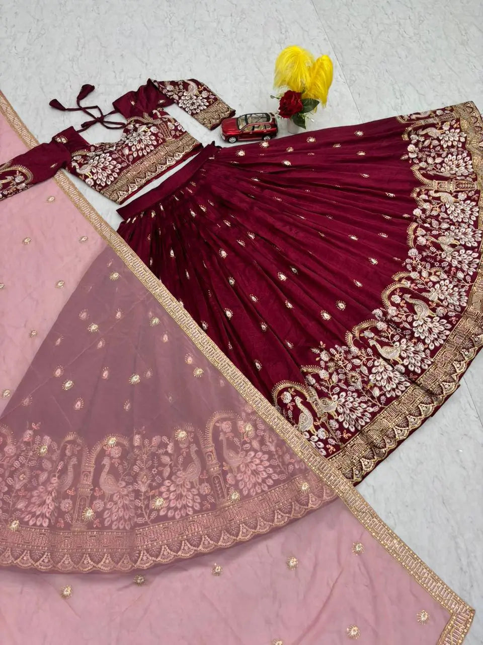 Vichitra Silk Embroidered Festival Lehenga Choli Set