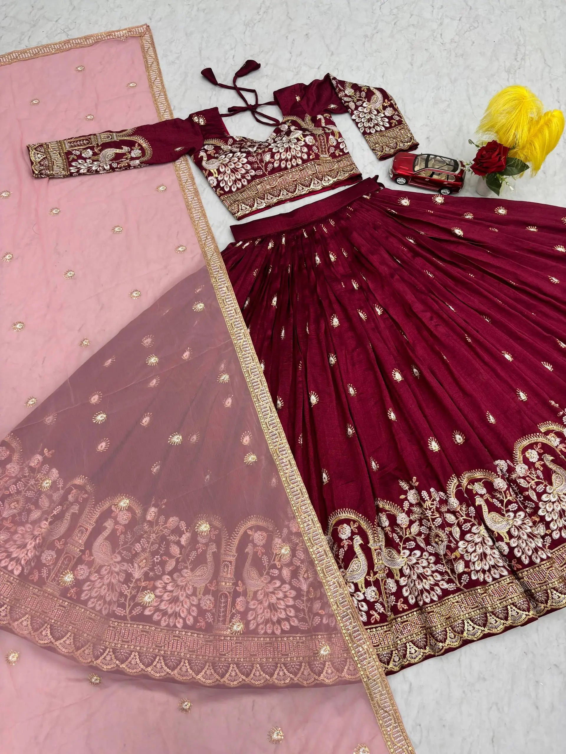 Vichitra Silk Embroidered Festival Lehenga Choli Set