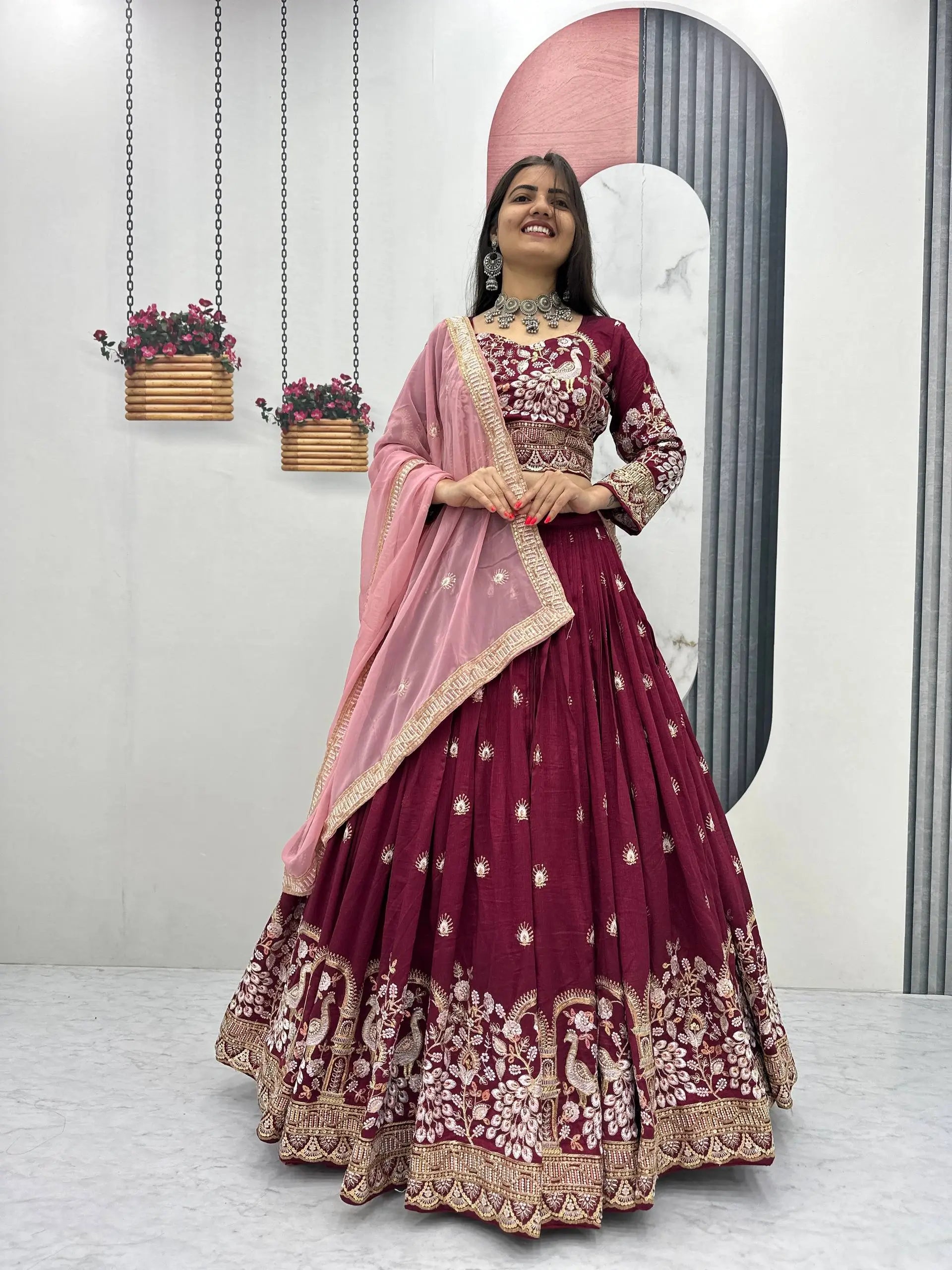 Vichitra Silk Embroidered Festival Lehenga Choli Set