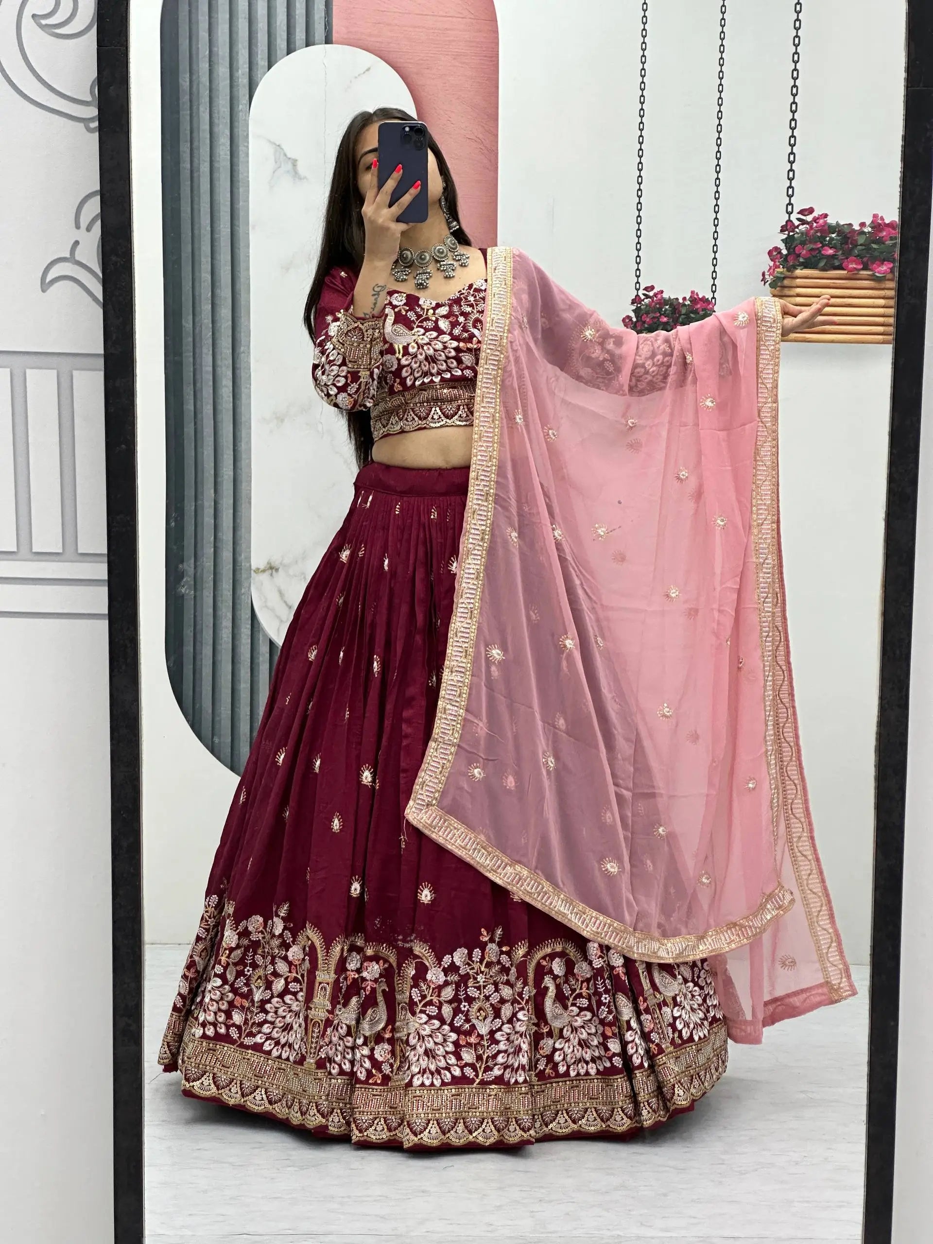 Vichitra Silk Embroidered Festival Lehenga Choli Set