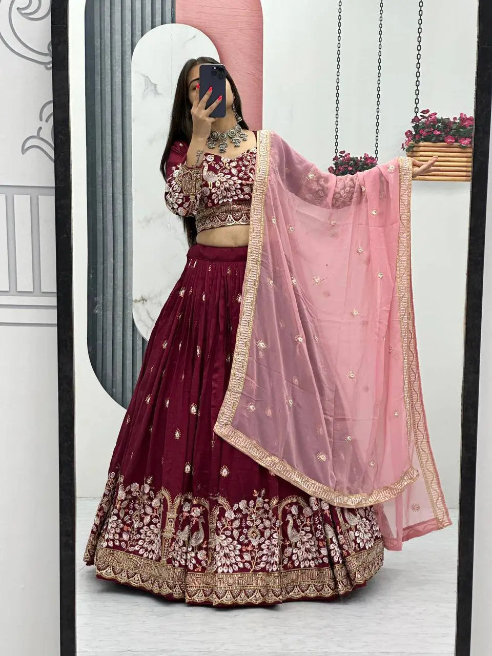 Vichitra Silk Embroidered Festival Lehenga Choli Set