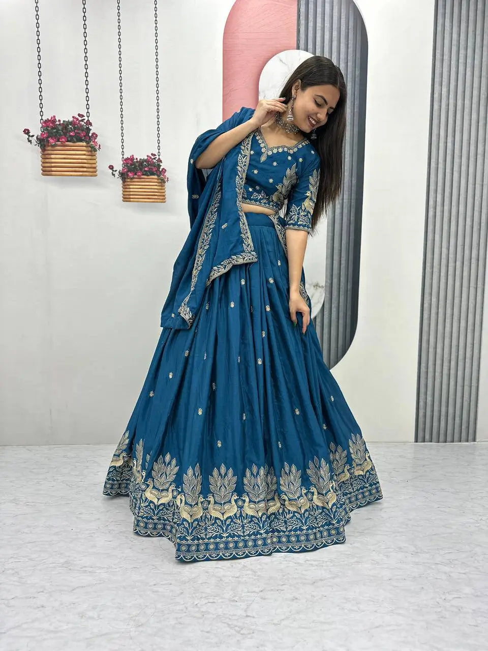 Vichitra Silk Embroidered Festival Lehenga Choli Set