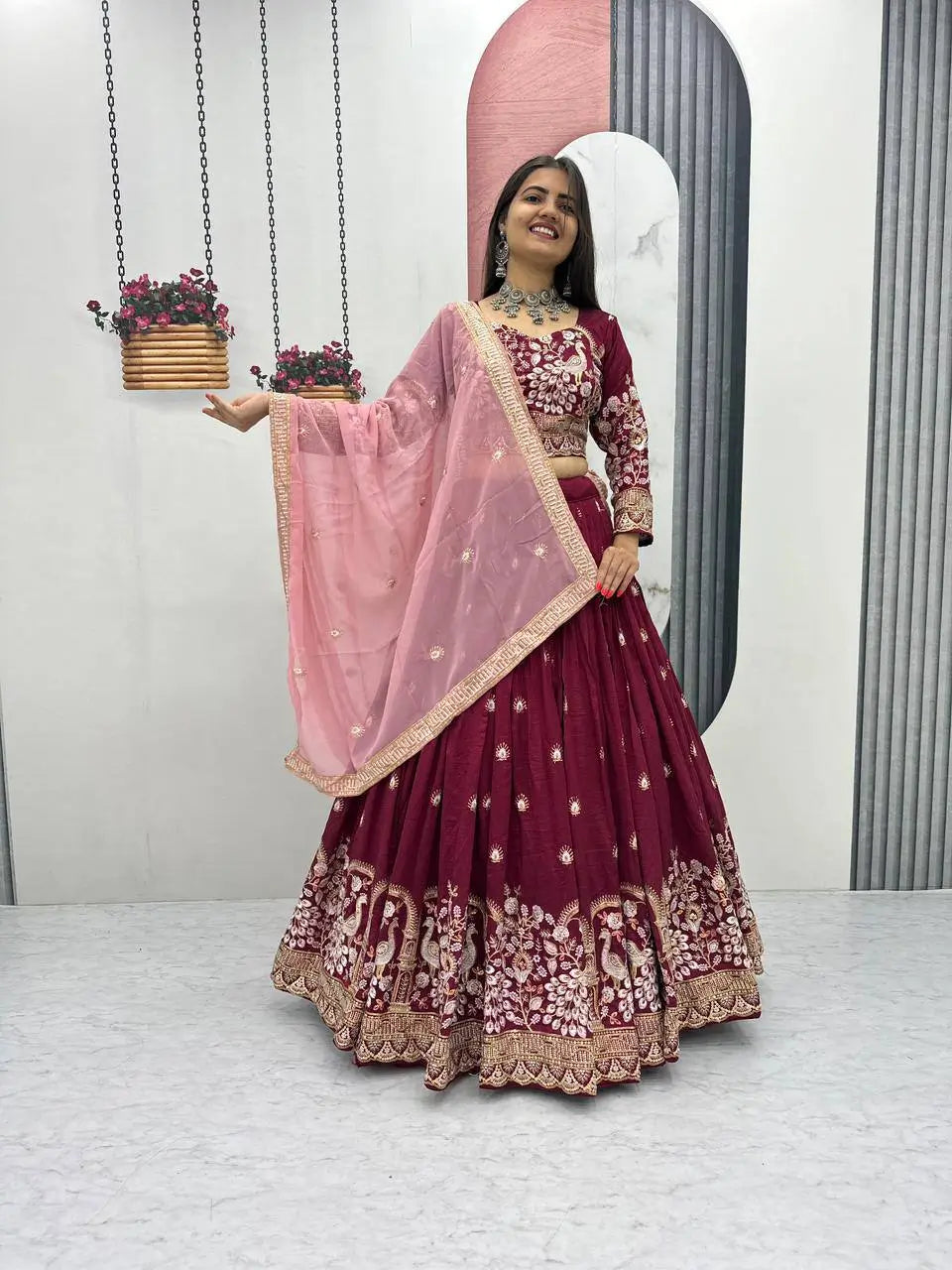 Vichitra Silk Embroidered Festival Lehenga Choli Set