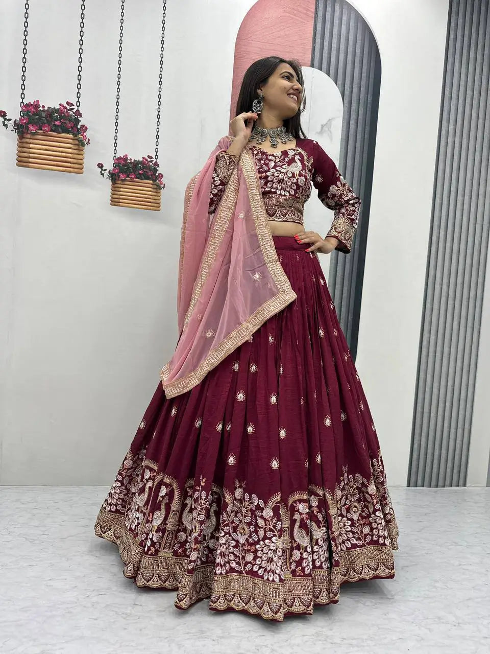 Vichitra Silk Embroidered Festival Lehenga Choli Set