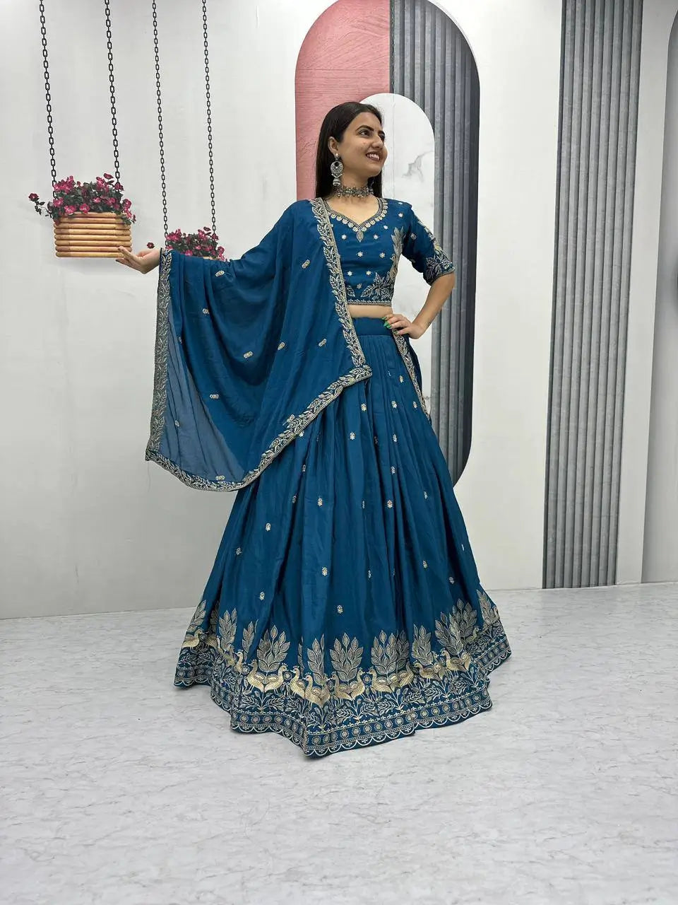 Vichitra Silk Embroidered Festival Lehenga Choli Set
