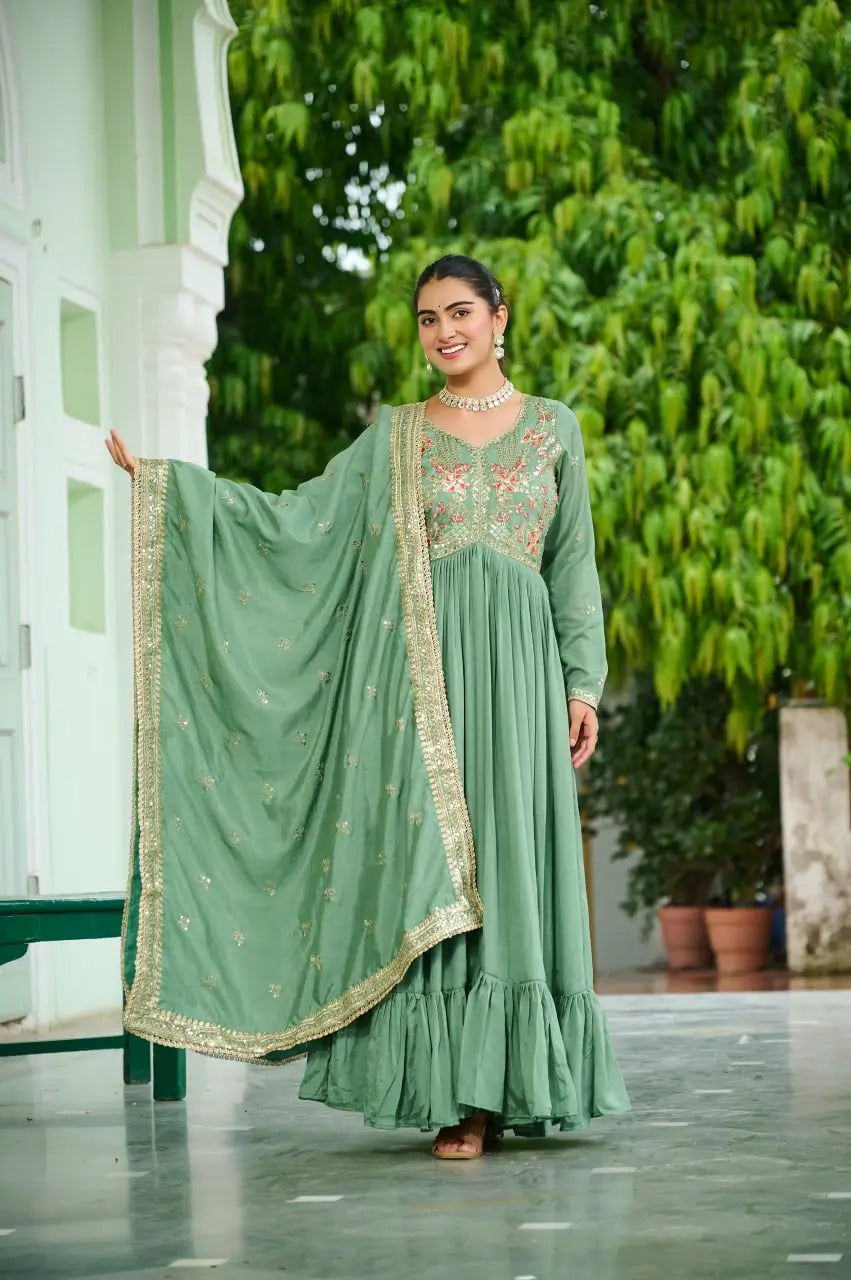 Vichitra Silk Embroidered Frill Gown Set