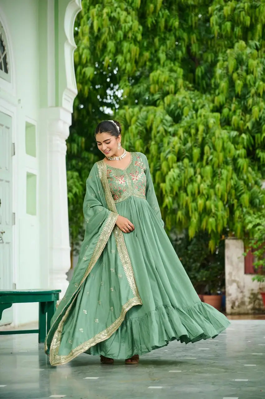 Vichitra Silk Embroidered Frill Gown Set