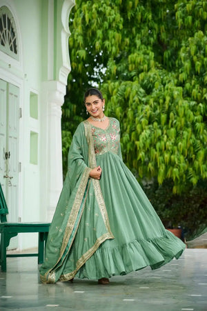 Vichitra Silk Embroidered Frill Gown Set