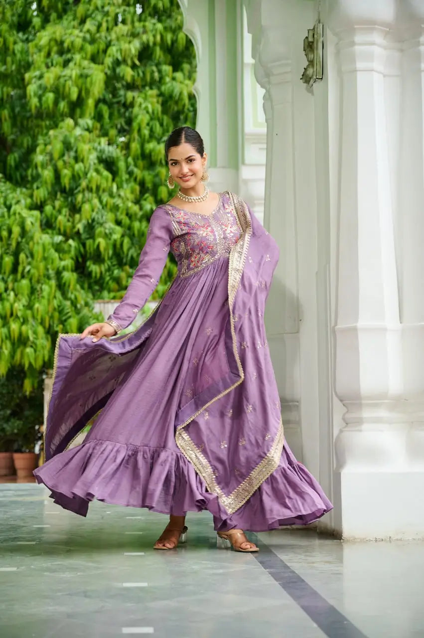 Vichitra Silk Embroidered Frill Gown Set