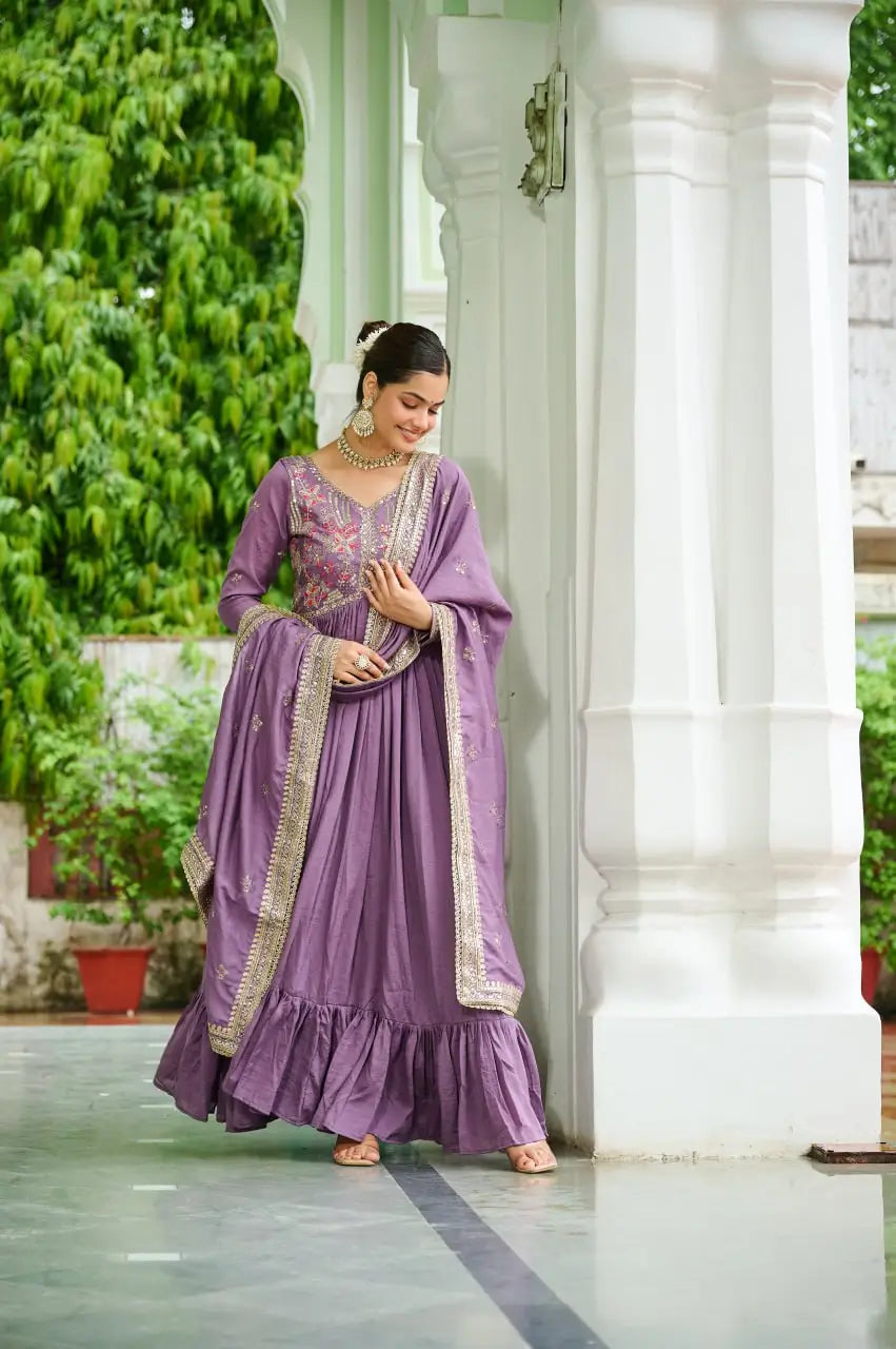Vichitra Silk Embroidered Frill Gown Set