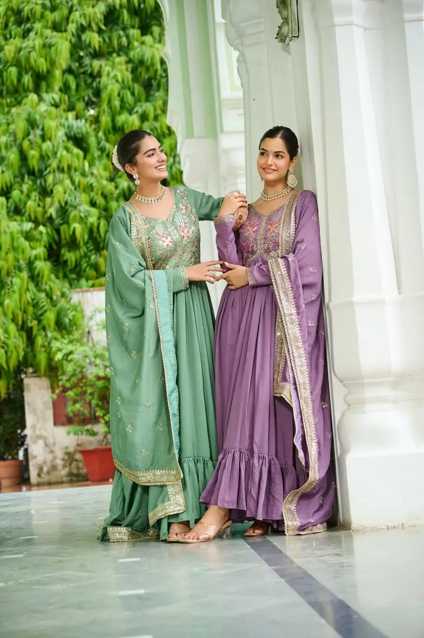 Vichitra Silk Embroidered Frill Gown Set