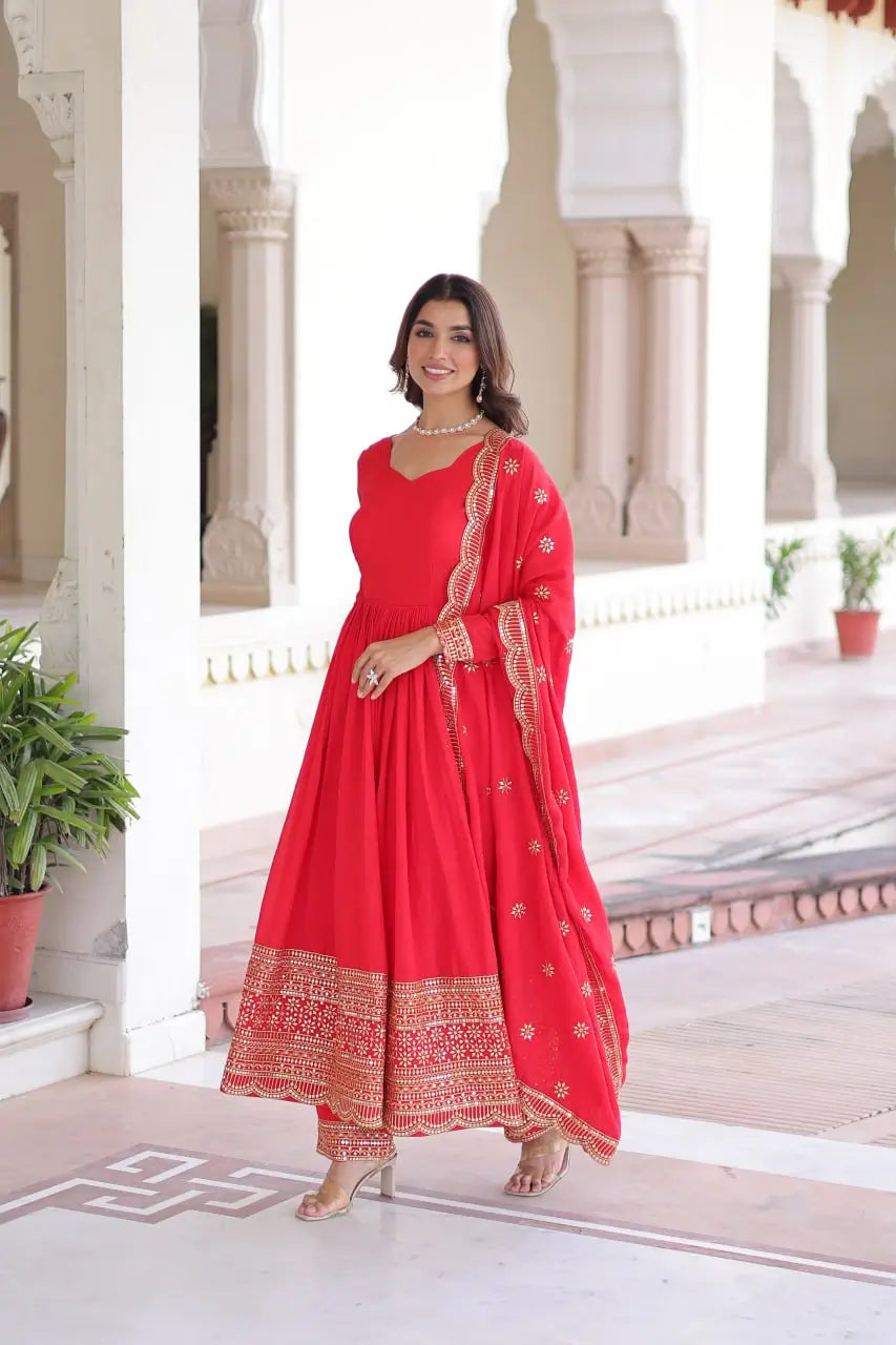 Vichitra Silk Embroidered Gown Set