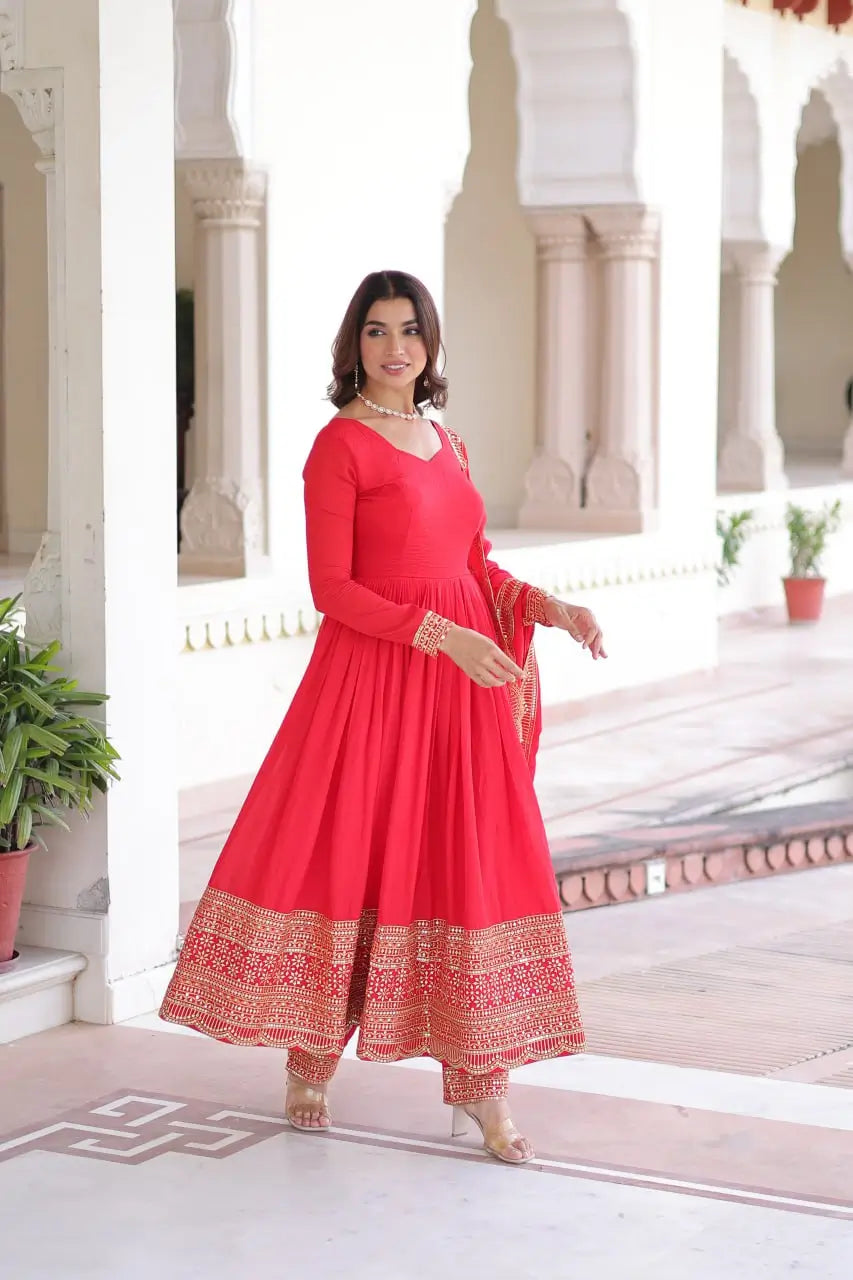 Vichitra Silk Embroidered Gown Set