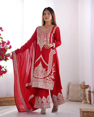 Vichitra Silk Embroidered Kurta Set with Dupatta & Pant – Sequins and Dori Work
