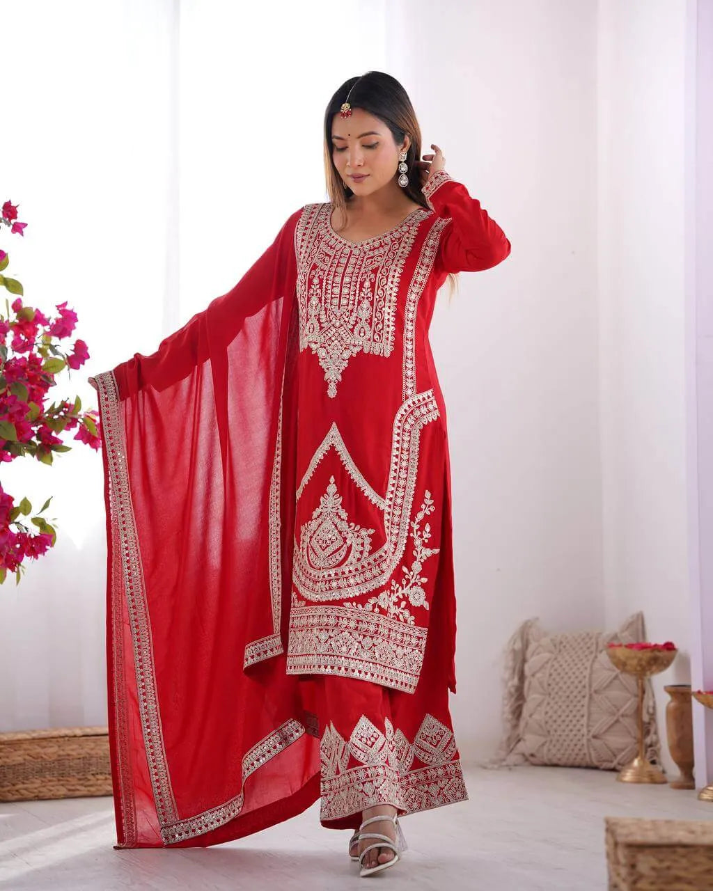 Vichitra Silk Embroidered Kurta Set with Dupatta & Pant – Sequins and Dori Work