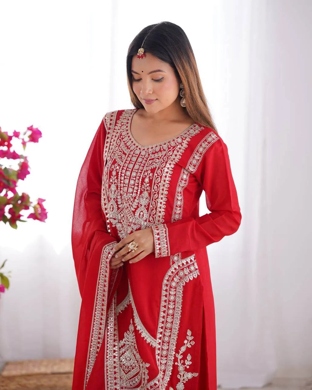 Vichitra Silk Embroidered Kurta Set with Dupatta & Pant – Sequins and Dori Work