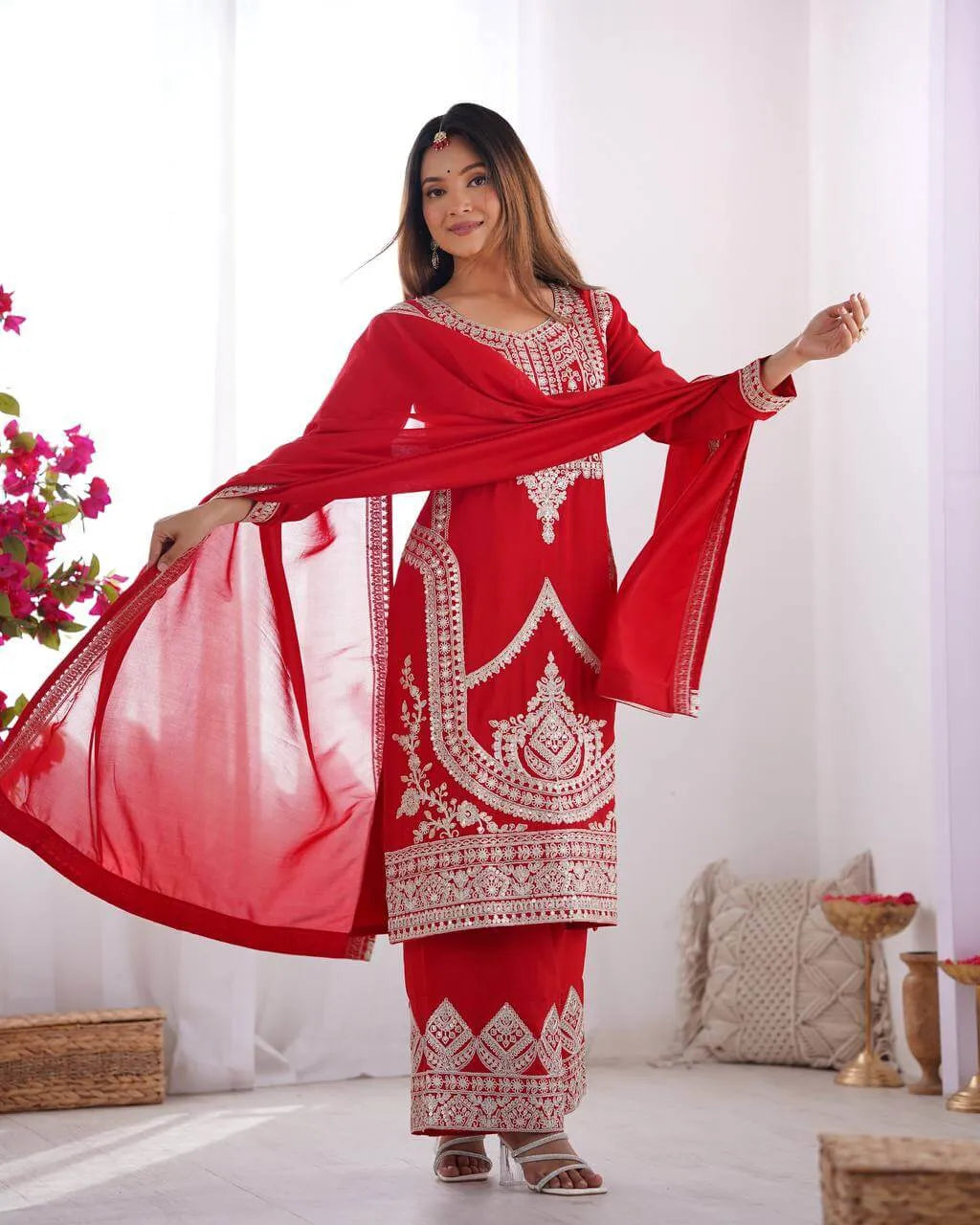 Vichitra Silk Embroidered Kurta Set with Dupatta & Pant – Sequins and Dori Work