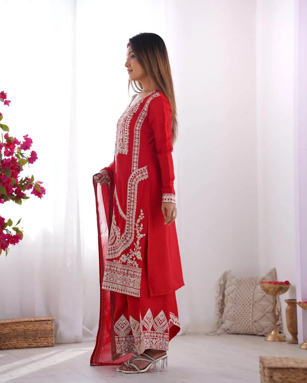 Vichitra Silk Embroidered Kurta Set with Dupatta & Pant – Sequins and Dori Work