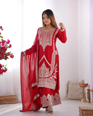 Vichitra Silk Embroidered Kurta Set with Dupatta & Pant – Sequins and Dori Work