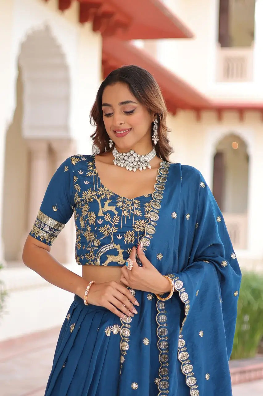 Vichitra Silk Embroidered Lehenga Set for Wedding and Festive Wear