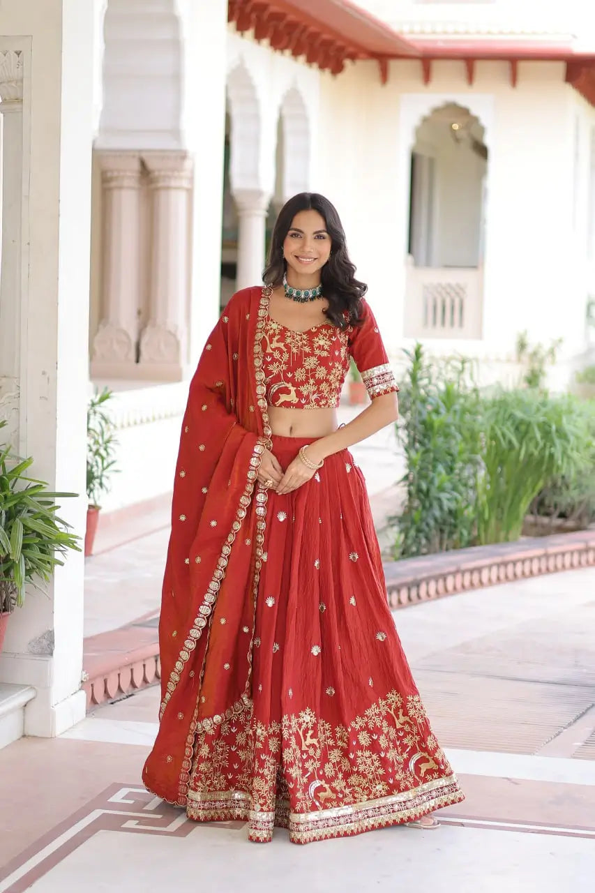 Vichitra Silk Embroidered Lehenga Set for Wedding and Festive Wear