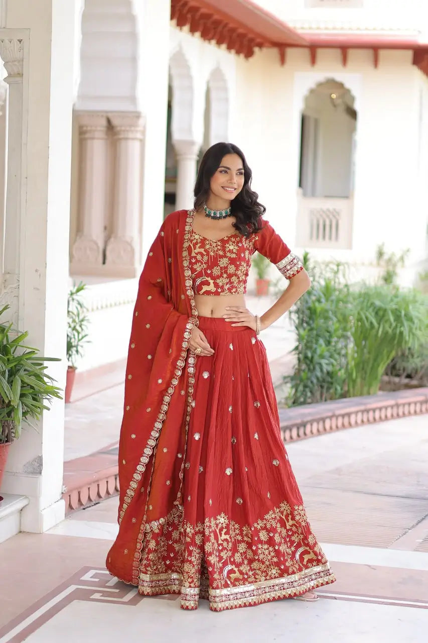 Vichitra Silk Embroidered Lehenga Set for Wedding and Festive Wear