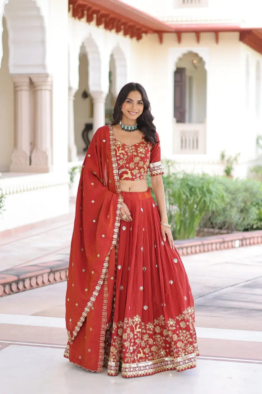 Vichitra Silk Embroidered Lehenga Set for Wedding and Festive Wear