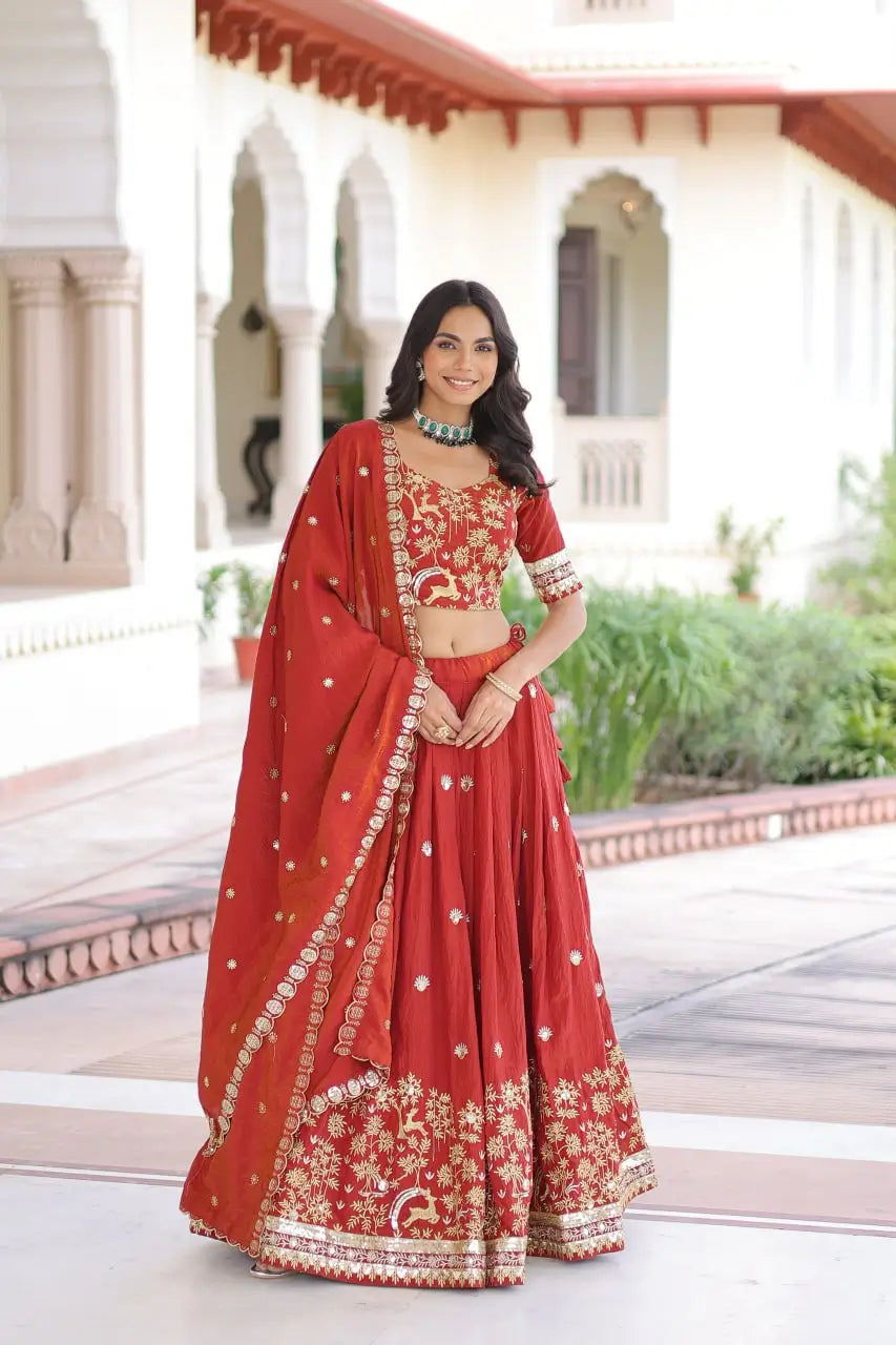 Vichitra Silk Embroidered Lehenga Set for Wedding and Festive Wear