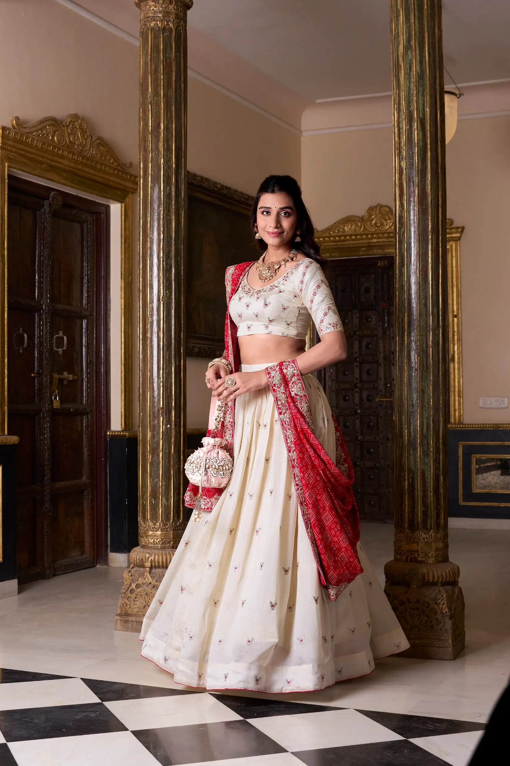 Vichitra Silk Embroidered Lehenga Set with Bandhej Dupatta
