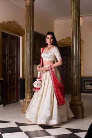 Vichitra Silk Embroidered Lehenga Set with Bandhej Dupatta